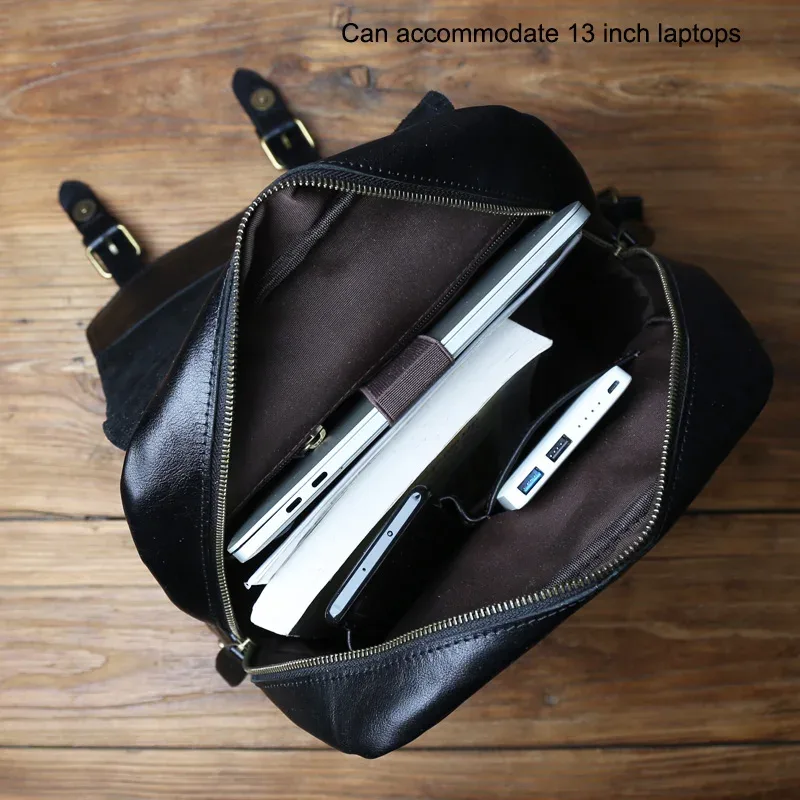 sac à dos en cuir véritable fait à la main pour homme, couche supérieure simple, sac d'ordinateur en cuir de vachette avec fermeture éclair, cartable à la mode