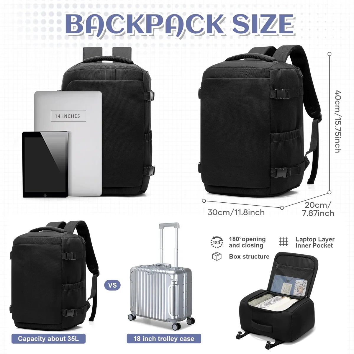 Sac à dos pour homme, sac à dos portable, sac de voyage, taille cabine, sac à dos 40x30x20, sac cabine Ryanair, bagage à main, sac à dos pour ordinateur portable