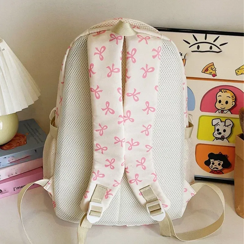ensemble de 3 pièces de sac à dos mignon de grande capacité, mode coréenne, sac imprimé avec nœud, sacs en nylon, cartable d'étudiant, sac à dos de voyage à sangle réglable