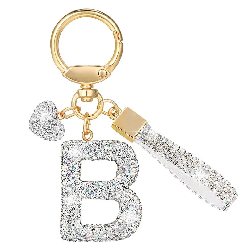 porte-clés avec lettres blanches brillantes, alphabet a-z pour porte-clés de voiture/sac à dos et cadeau avec lanière ajoutée