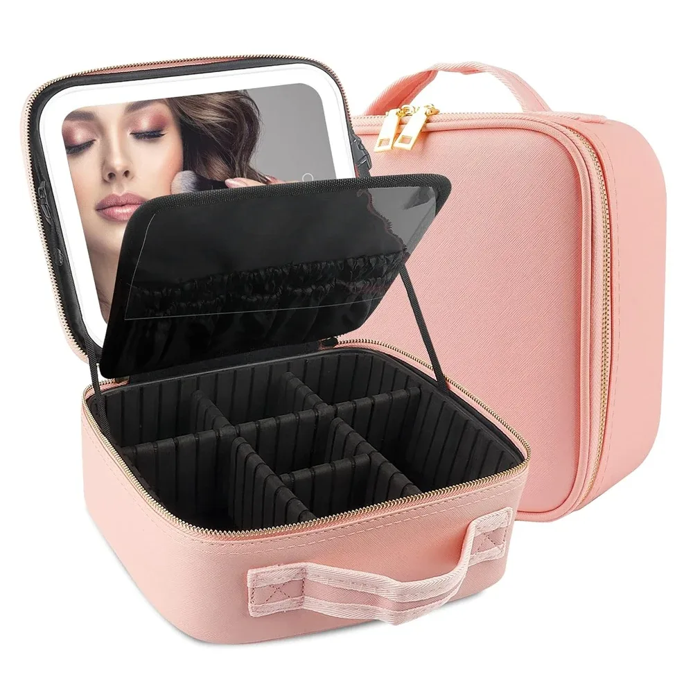 trousse de maquillage avec miroir led, grande mallette de voyage, organisateur de cosmétiques, sacs de maquillage avec 3 lumières colorées et séparateurs réglables