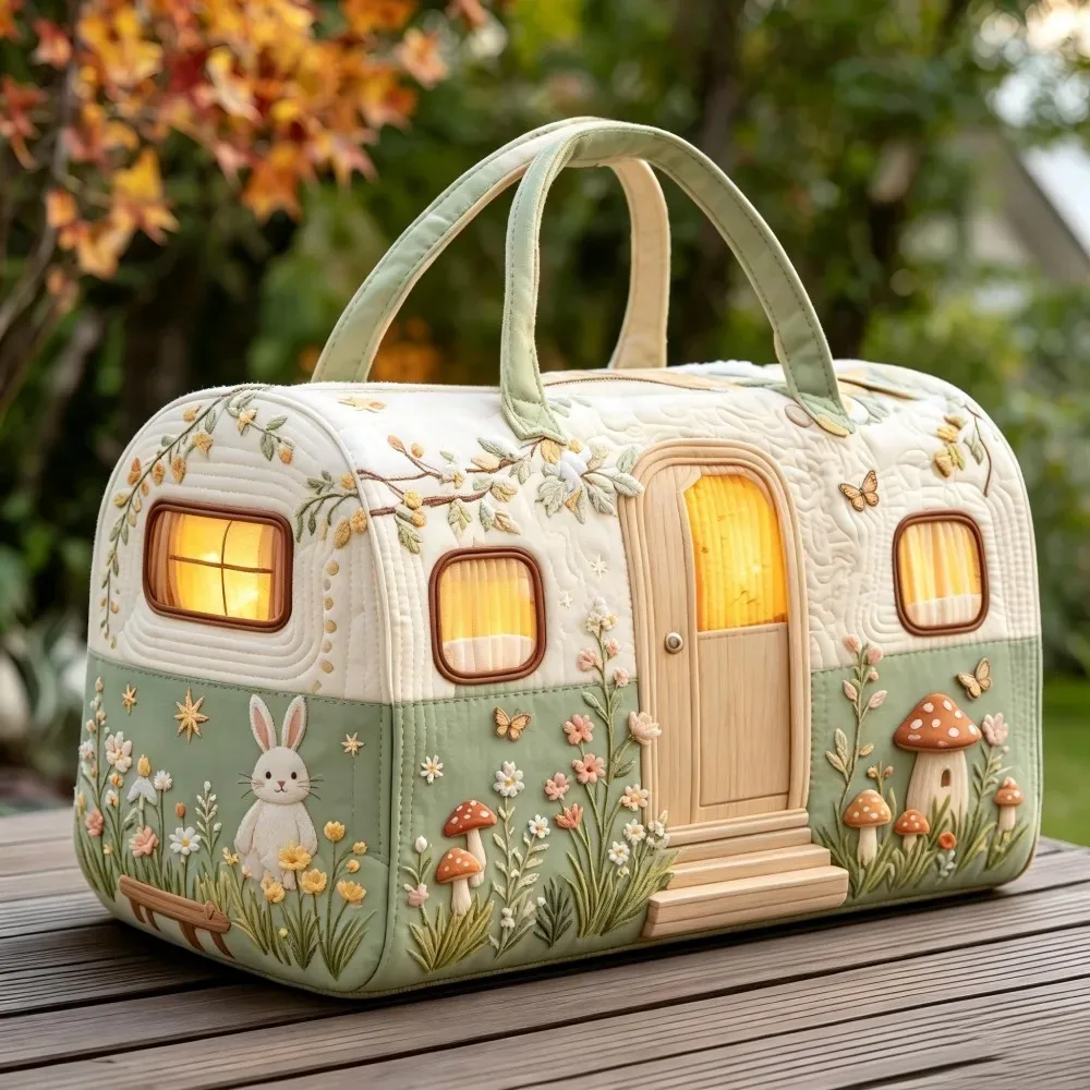 Sac à main matelassé vintage de Noël pour femme, motif camping-car, broderie 3D neige, citrouille, pin, lanterne, grande capacité, sac de voyage