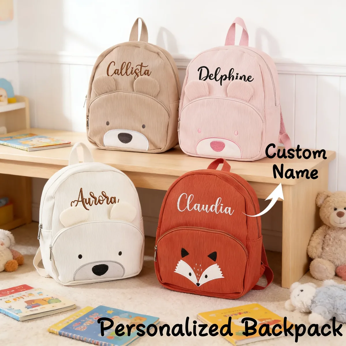 Sac à dos personnalisé en velours côtelé avec nom brodé pour enfant, cadeau d'école pour tout-petit, sac d'anniversaire motif ours ou renard