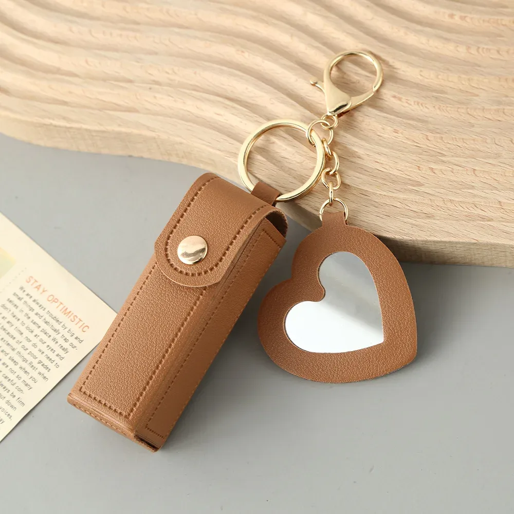 1 pièce pochette portable en cuir pu pour rouge à lèvres, mini trousse de maquillage, étui pour baume à lèvres, porte-clés, étui de protection pour rouges à lèvres avec miroir