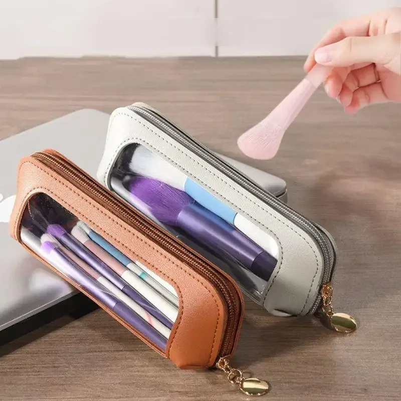 Ins – trousse de maquillage transparente japonaise de grande capacité, pochette de toilette de voyage en cuir PU solide, sac de rangement Portable pour pinceaux de maquillage