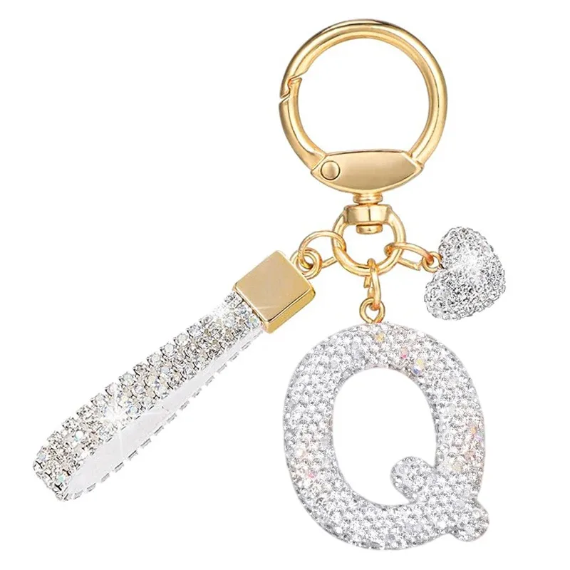 porte-clés avec lettres blanches brillantes, alphabet a-z pour porte-clés de voiture/sac à dos et cadeau avec lanière ajoutée