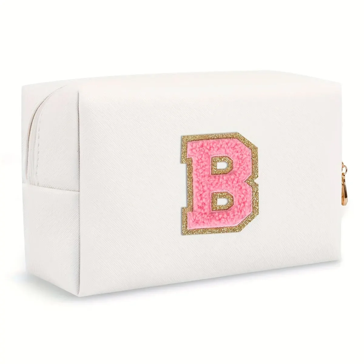 trousse de maquillage preppy pour femmes, trousse de toilette de voyage, sac à cosmétiques avec lettres en chenille, pochette étanche en cuir pu, joli organisateur à fermeture éclair-ll