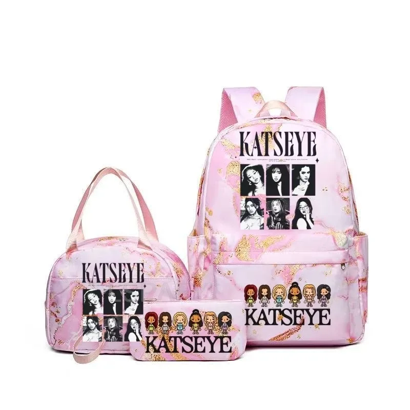 sacs à dos katseye à imprimé amusant avec sacs à lunch, multi-poches, camouflage, pour adolescents, sac à dos de voyage pour ordinateur portable, sac d'école pour femmes, mochila