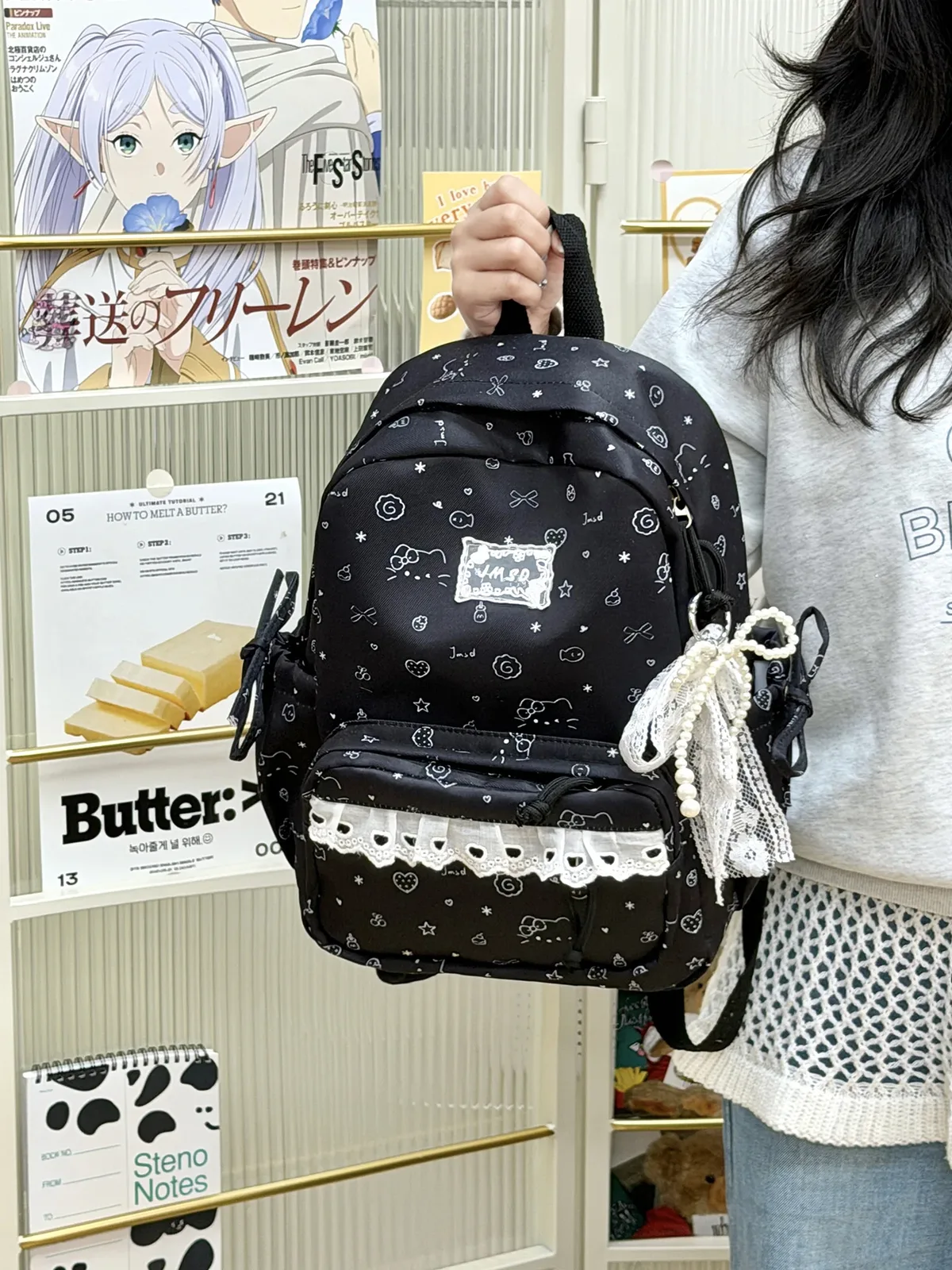 sacs à dos en dentelle pour femmes, 2 tailles, avec pendentifs perlés, sacs d'école imprimés de dessins animés mignons, mini sac à dos de voyage pour dames