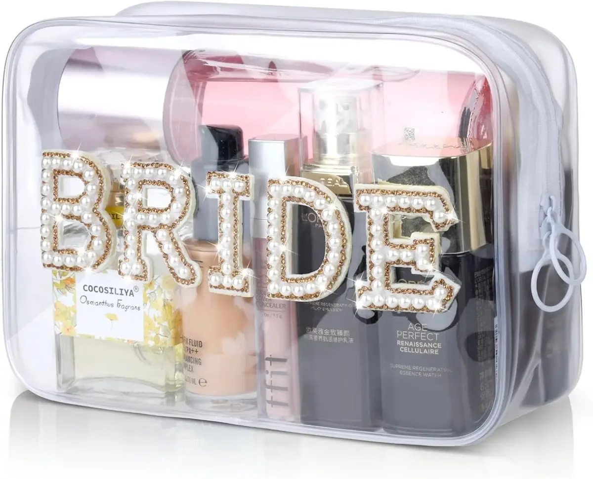 trousse de maquillage transparente pour la mariée, sac cosmétique de fiançailles, cadeaux de douche pour patients, patchs de lettres en biscuits scintillants, voyage en pvc étanche