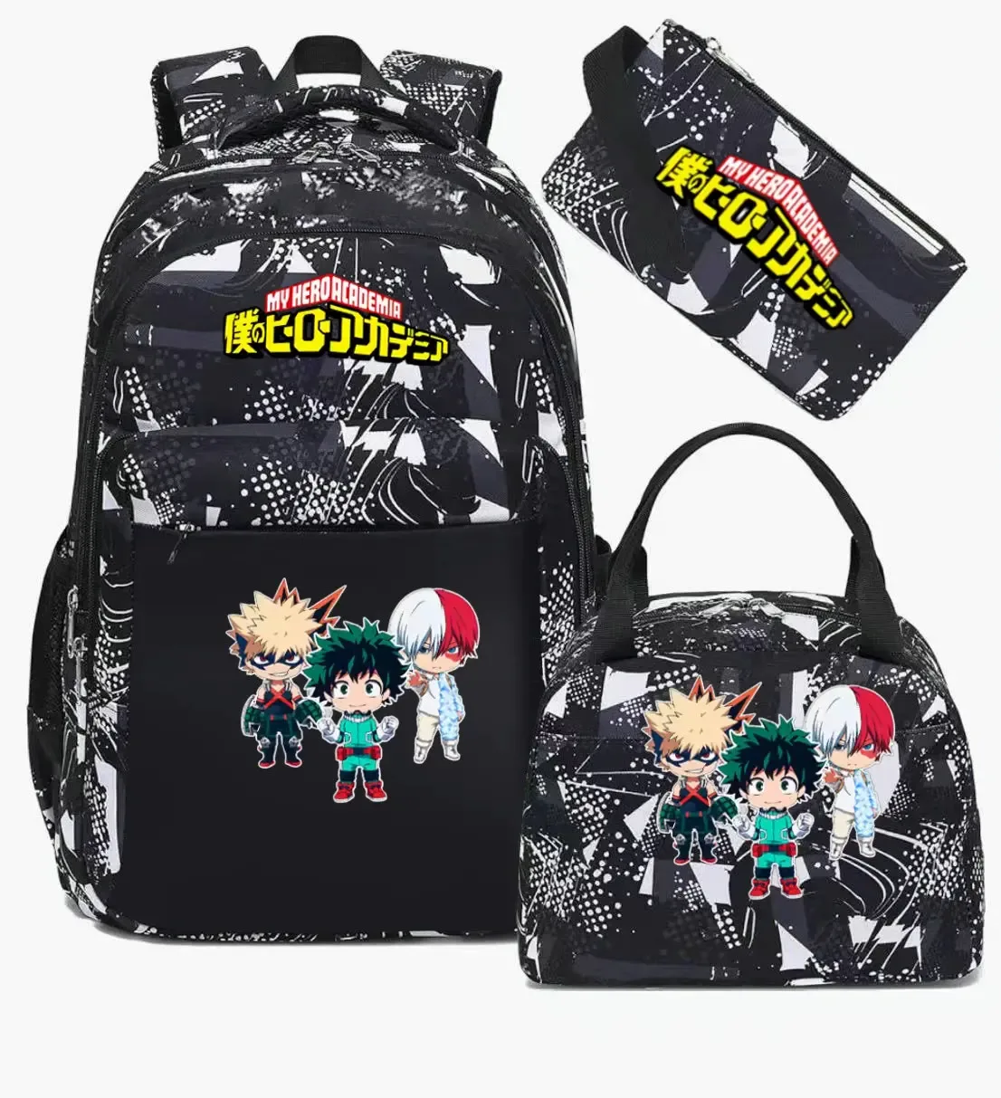 ensemble de sac à dos scolaire my hero academia anime pour filles, sac à dos léger et décontracté pour étudiantes avec sac à lunch et trousse à crayons