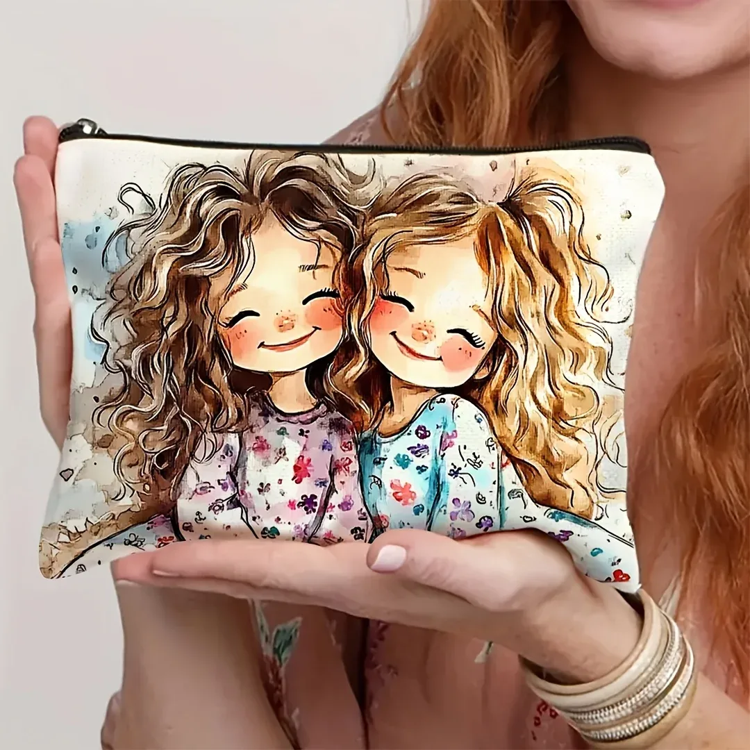 1 trousse de maquillage mignonne pour filles – pochette cosmétique en lin portable | conception de dessins animés vibrants, voyages, vacances, affaires