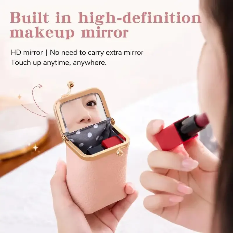 1 pièce Mini Trousse de Maquillage Portable en Cuir PU pour Femme, Pochette de Rangement pour Rouge à Lèvres, Bijoux, Écouteurs et Monnaie, Simple, avec Miroir