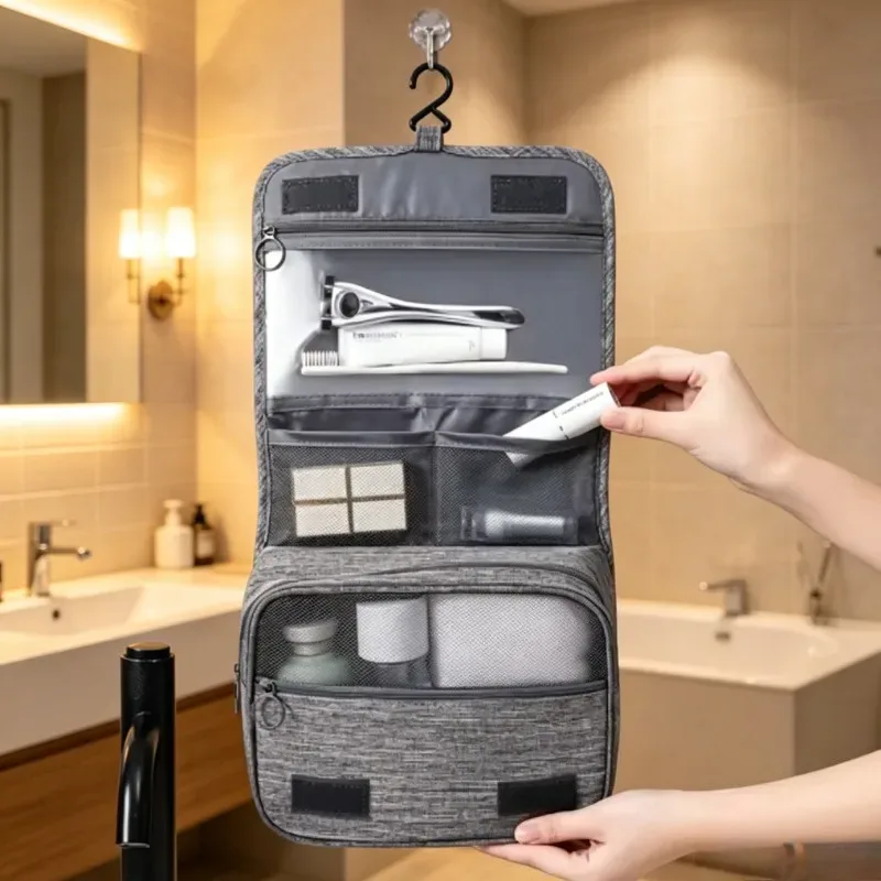 sac de voyage suspendable pour cosmétiques, grande capacité, trousse de toilette portable, séparation sec/humide, pour hommes et femmes, voyages d'affaires et de loisirs en plein air.