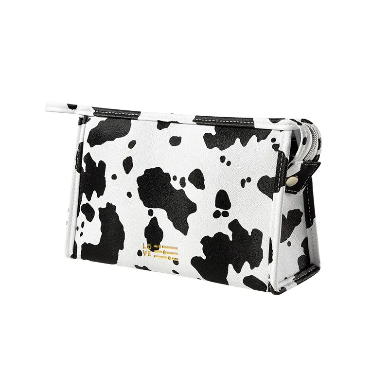 pochette de maquillage mignonne à la mode, trousse de toilette portable imprimée vache, organisateur multifonctionnel à fermeture éclair pour vacances, camping, fête