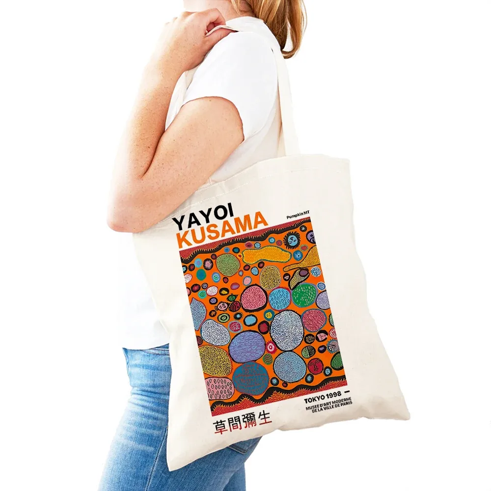 sac à main dot pumpkin lady shop yayoi kusama pour femmes, sacs de shopping à double impression, motif de champ de fleurs, sac fourre-tout pour filles, motif d'œil