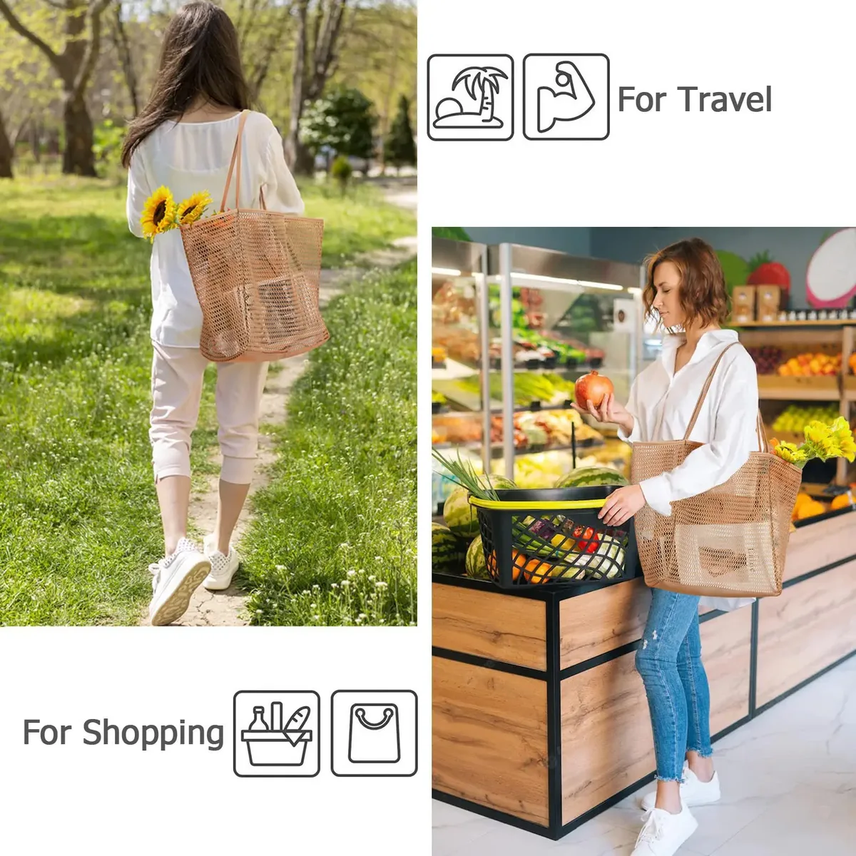 sac de plage en maille pour femmes, sac à bandoulière de grande capacité, sac de rangement portable de voyage, sac à main multifonction