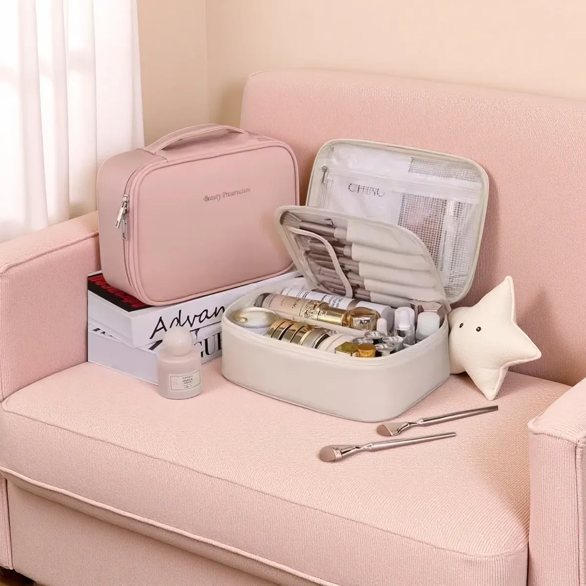 Sac à cosmétiques pour femmes, sac à maquillage à double couche, grande capacité, organiseur de cosmétiques de luxe, essentiels de voyage, sac à cosmétiques pour femmes