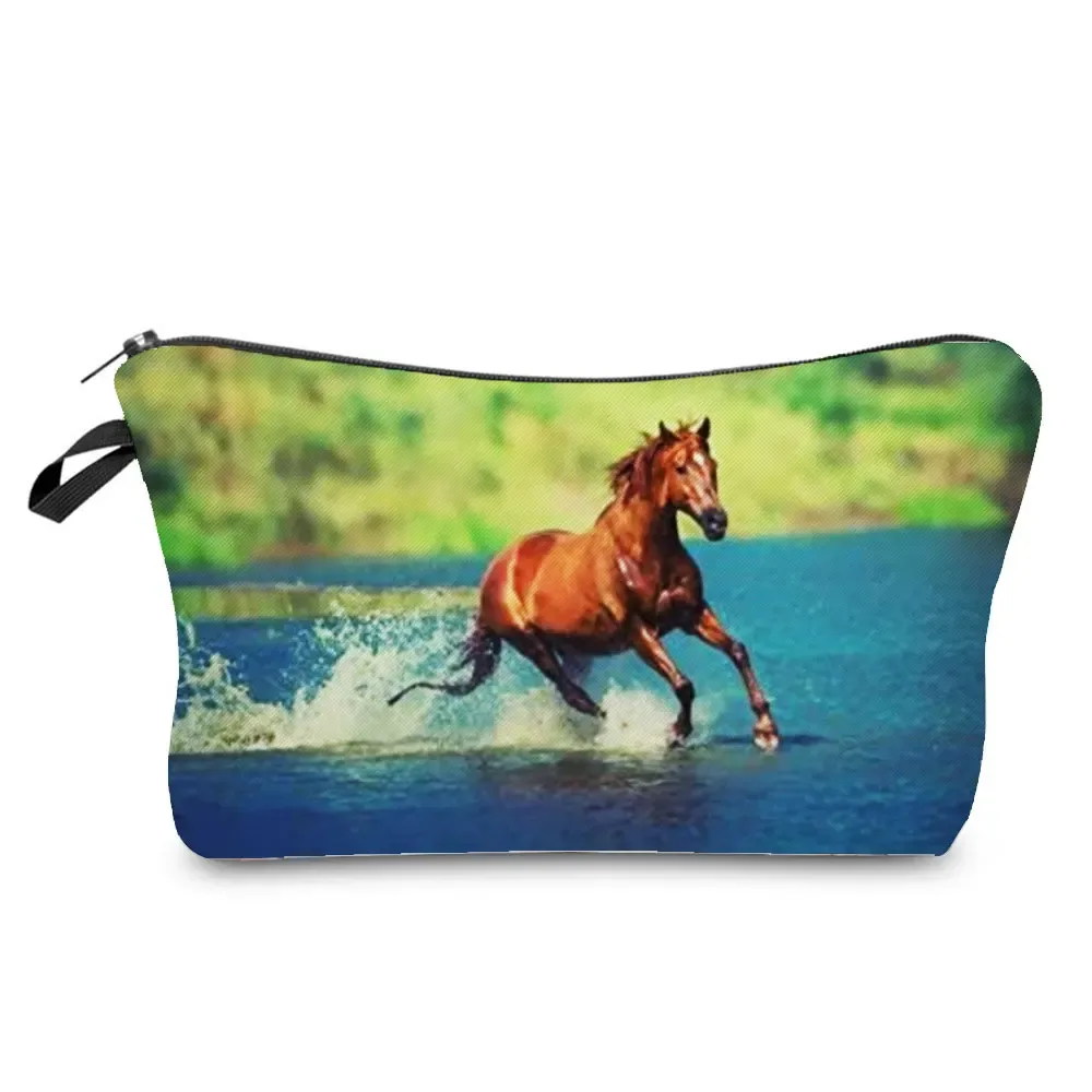 sacs de maquillage imprimés cheval pour femmes, sac à cosmétiques décontracté pour filles, mini trousse de toilette écologique réutilisable de voyage, trousse à crayons pour étudiants