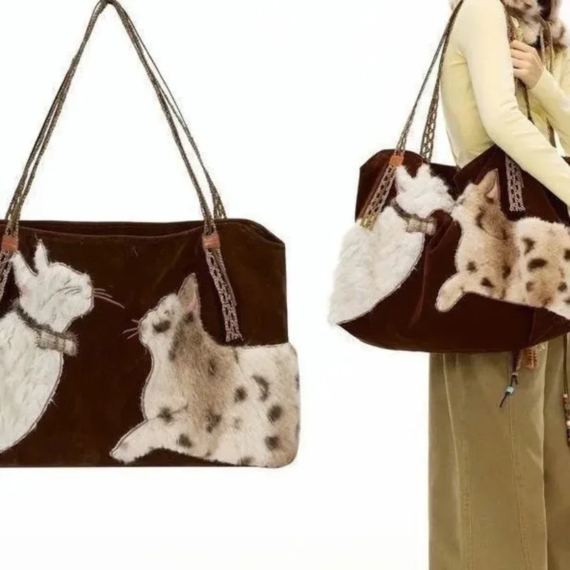 sac fourre-tout en fausse fourrure brodé motif chat, grande capacité, sac à main pour femme, marron, hiver, peluche, sac de voyage, sac boston