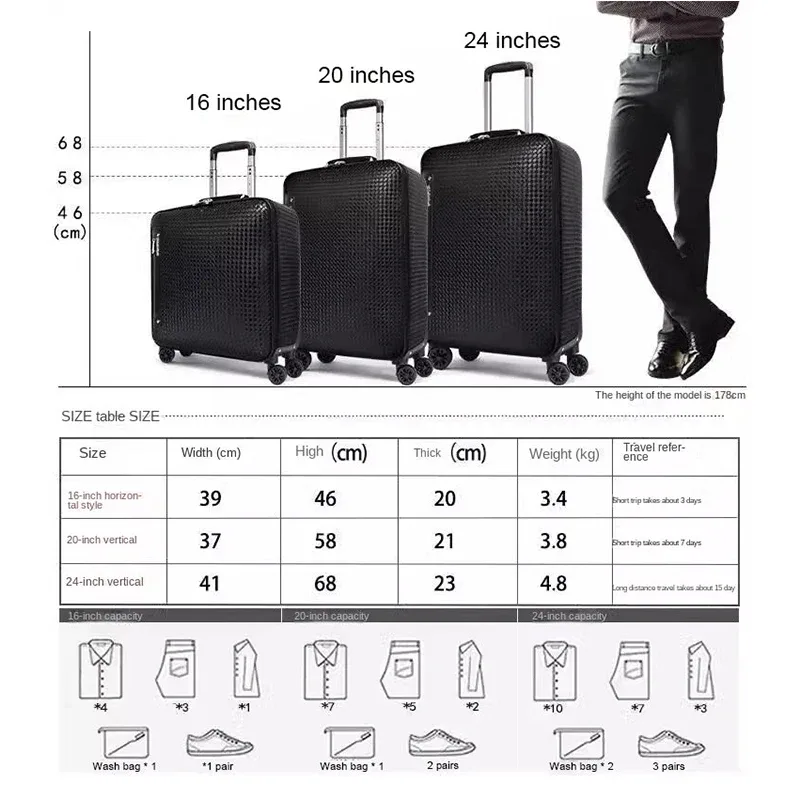 valise à roulettes en cuir véritable pour hommes, valise d'embarquement d'affaires, roue universelle, sac à bagages, motif tissé, 20 po, 16 po