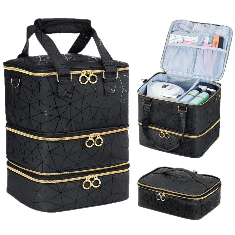 sac organisateur de vernis à ongles à 3 couches, capacité de 60 flacons, en pu imperméable, portable, étui de rangement pour manucure, sac organisateur de maquillage détachable