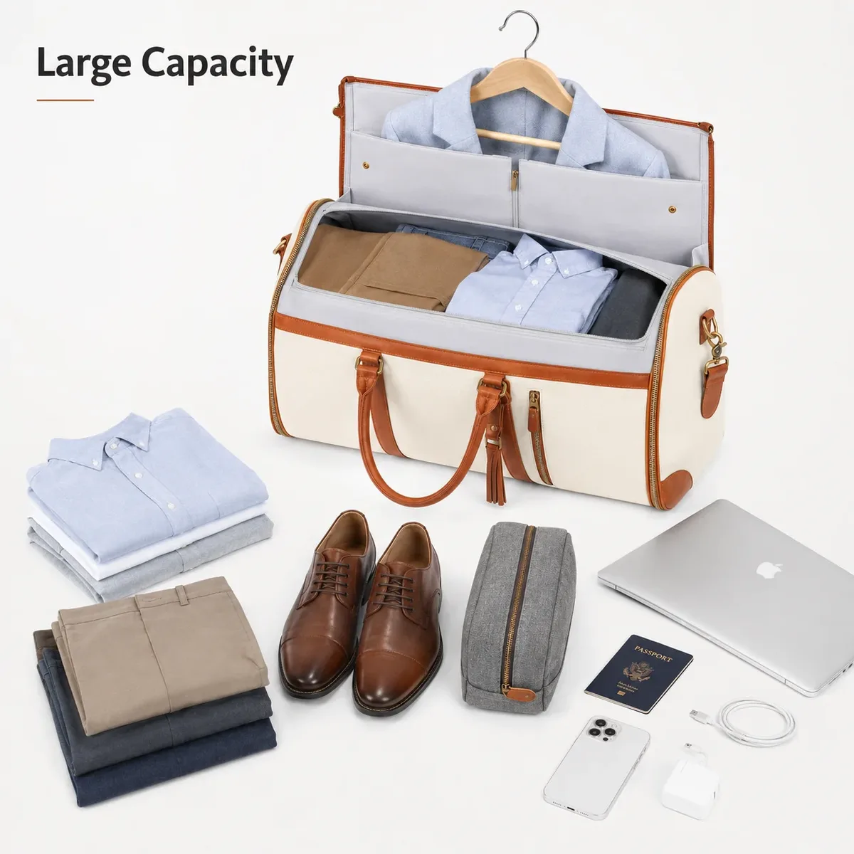 Sac de voyage convertible 2 en 1 pour homme, sac de costume pour voyage d'affaires, grande capacité, sac de week-end, sac de nuit avec bandoulière