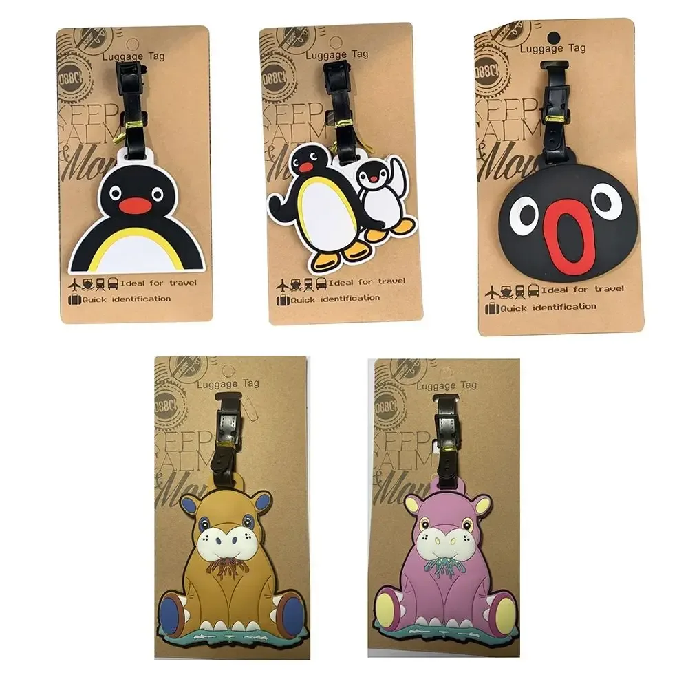 kawaii – étiquette de bagage de voyage en silicone, pingouin hippopotame, sac portable, étiquettes de valise réutilisables, animal de dessin animé, porte-adresse d'identification