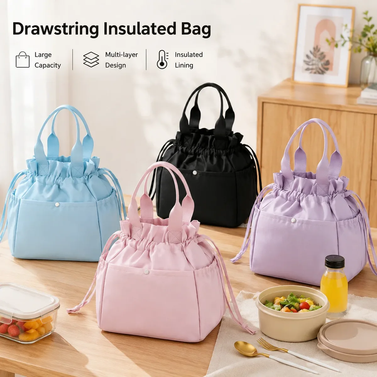 Sac isotherme léger unisexe avec cordon de serrage pour le déjeuner, sac de rangement thermique pour aliments, sac à main pour le travail, les voyages, les pique-niques, facile à nettoyer, cadeau de vacances