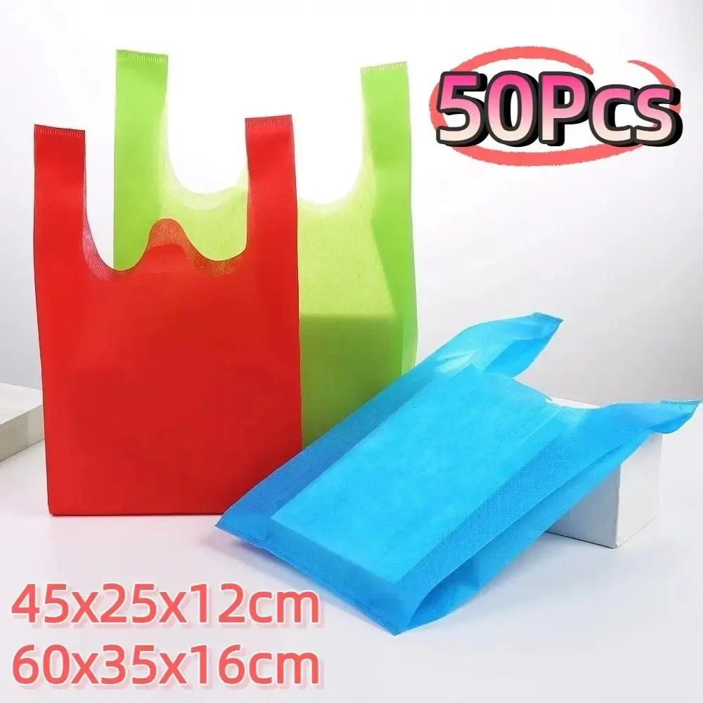sacs de courses non tissés de couleur unie, sac à main portable de grande capacité, respectueux de l'environnement, sac de rangement épais et durable, 50 pièces