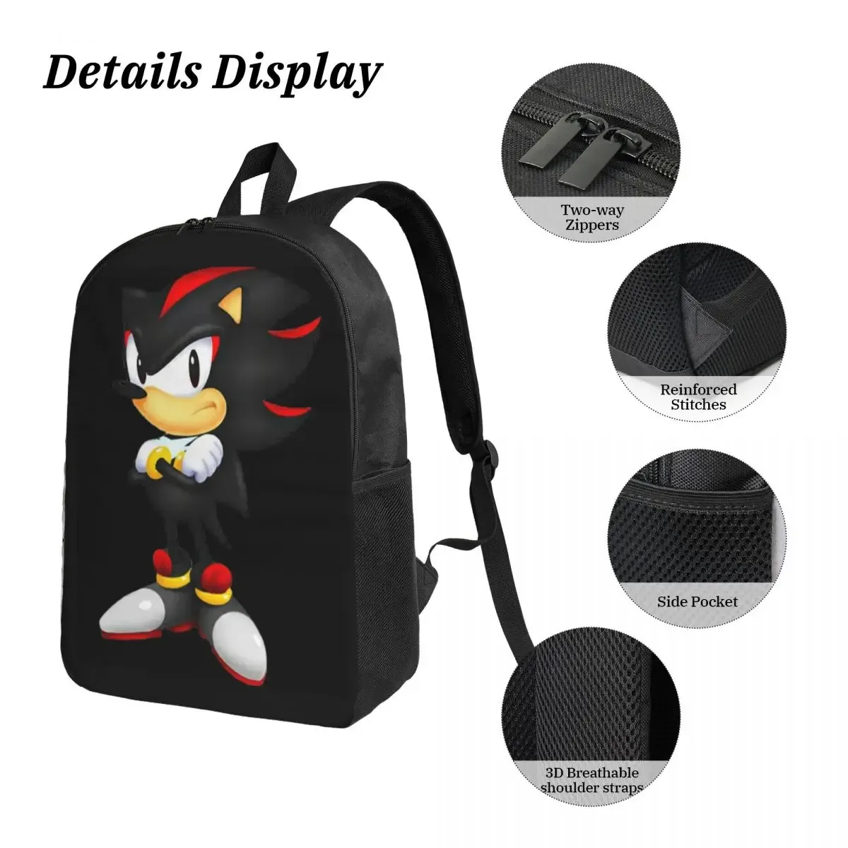 sac à dos shadow the hedgehog pour garçons et filles, sac d'école, sacs à bandoulière pour ordinateur, sac à déjeuner isotherme 3ps, trousse à crayons