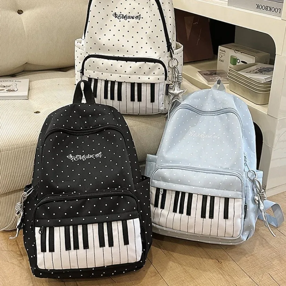 nouveau sac à dos à pois grande capacité, multifonctionnel et léger, motif clavier de piano, noir, pour femmes