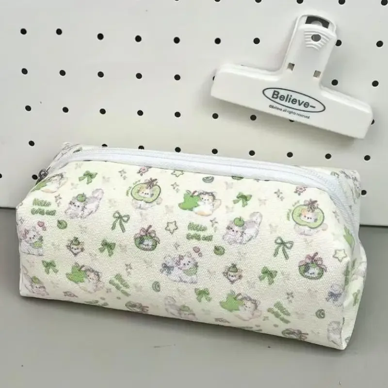 sacs de maquillage imprimés chat pomme vert mignon, 1 pièce, sac à crayons chaton de dessin animé, sac de rangement de papeterie de grande capacité