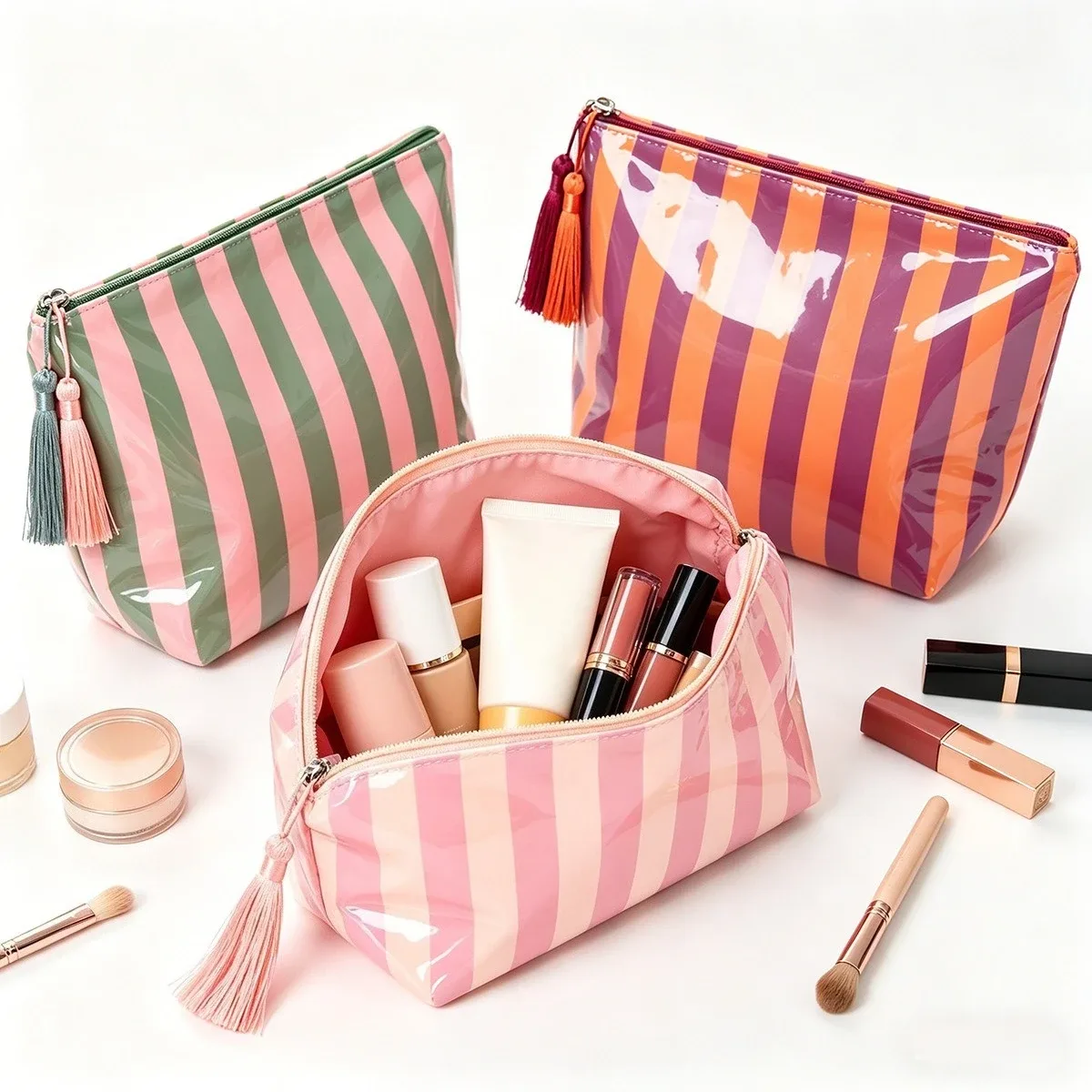 grande trousse de maquillage mignonne à grande capacité avec fermeture éclair - grande trousse de toilette de voyage rayée pour femmes, sac de rangement pour cosmétiques et articles de toilette