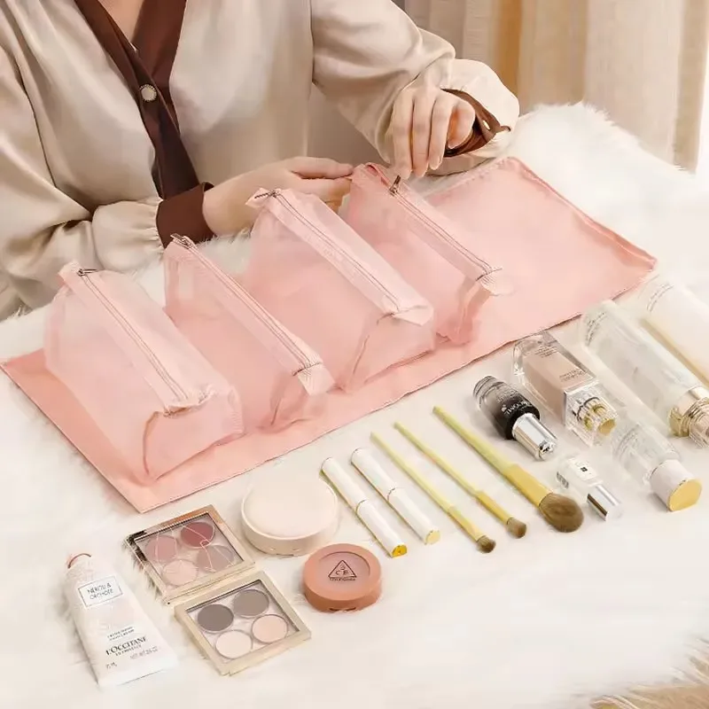 trousse de maquillage détachable 4-en-1, organiseur de cosmétiques pliable avec pochettes amovibles pour les voyages et le quotidien