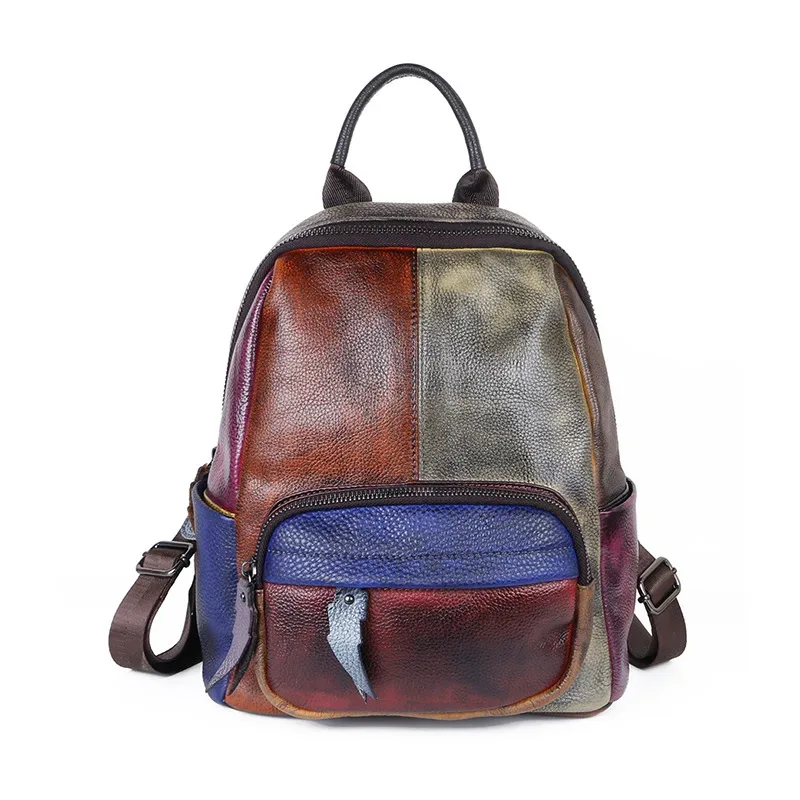sacs à dos vintage patchwork en cuir véritable pour femmes, sac à bandoulière de voyage, sac d'école, rétro couleur à carreaux, poches fonctionnelles