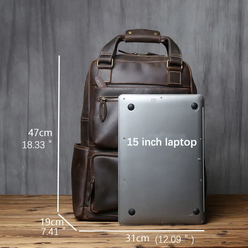 sac à dos rétro en cuir pour hommes, couche supérieure en cuir, grande capacité, sac d'ordinateur, crazy horse, loisirs, voyage, nzpj