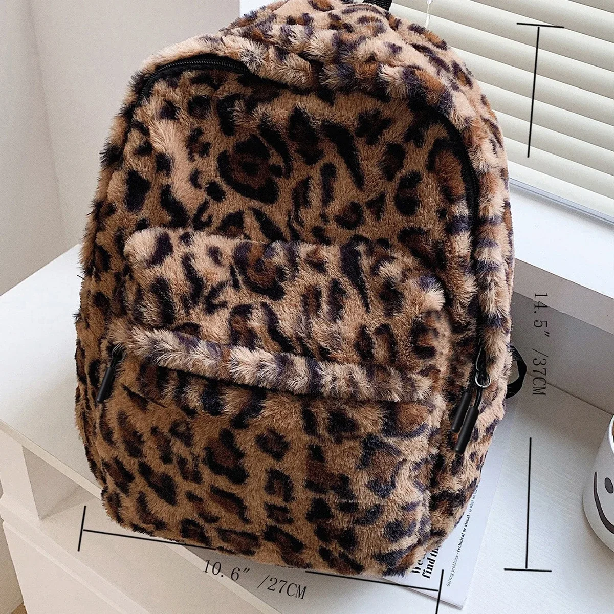 sac à dos de luxe imprimé léopard pour femmes, motif marron, multi-poches, grande capacité, matériau en peluche, fermeture éclair, bretelles réglables pour les déplacements