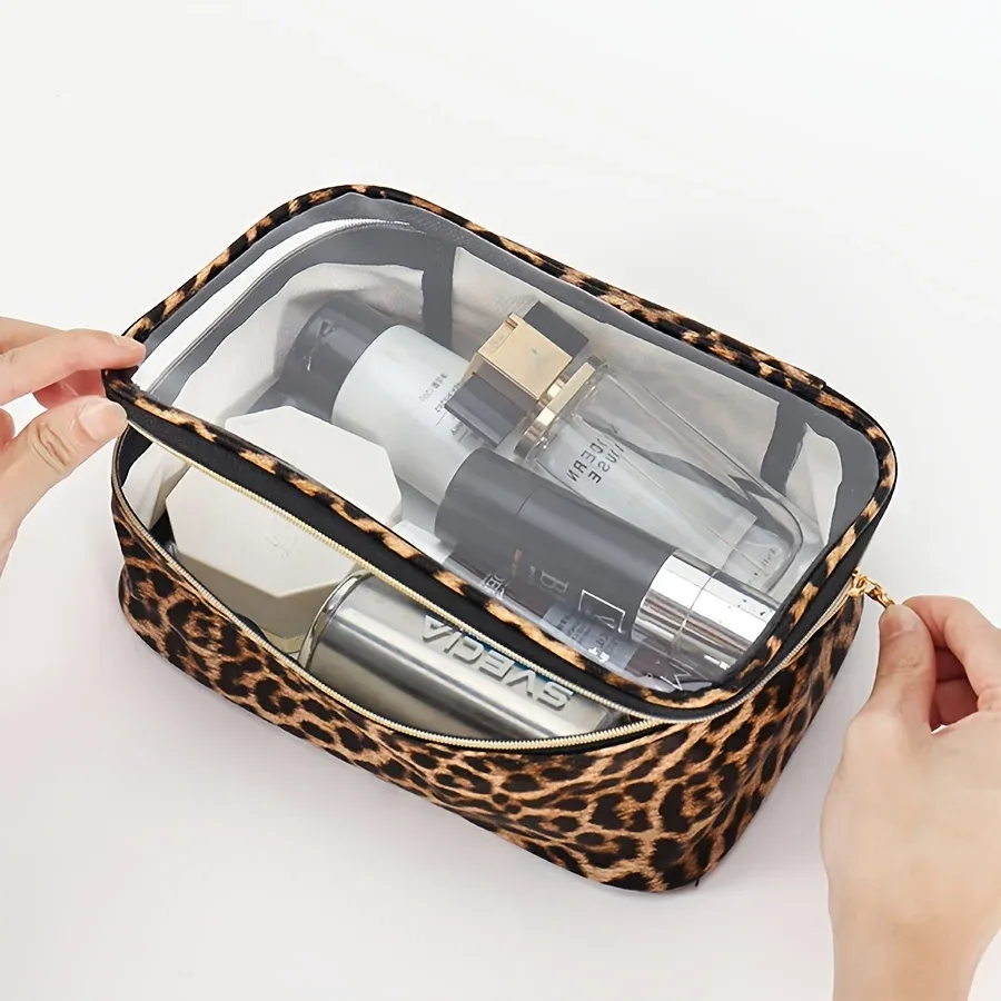trousse de maquillage transparente à imprimé léopard, trousse cosmétique étanche de grande capacité pour voyage avec fermeture éclair