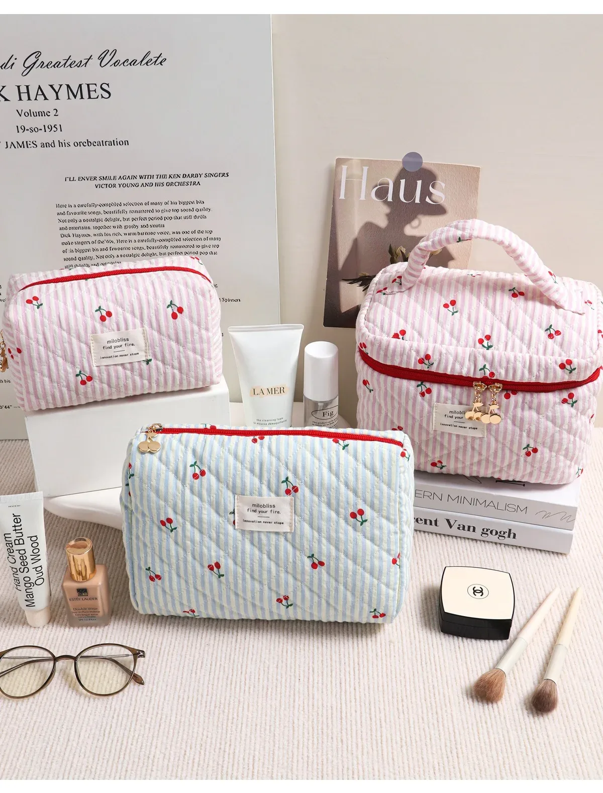 sac à cosmétiques matelassé imprimé cerise rouge ins, version coréenne, rayé, trois couleurs, polyvalent, simple, sac de rangement pour sortir, porte de voyage