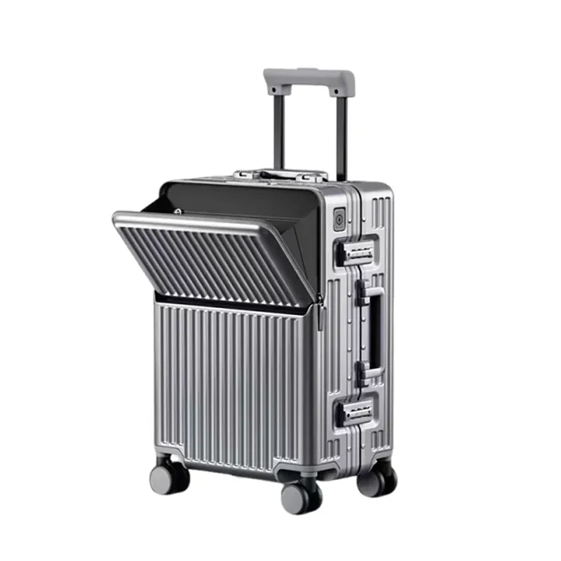 nouveau bagage cadre en aluminium ouverture avant pochette d'ordinateur valises de voyage multifonctions 20 pouces transporteur cabine sac boîtier de chariot