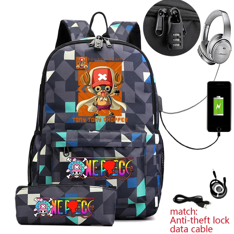sac à dos antivol pour étudiants avec imprimé tony chopper, avec trousse à crayons, sac à dos décontracté pour garçons, filles et adolescents