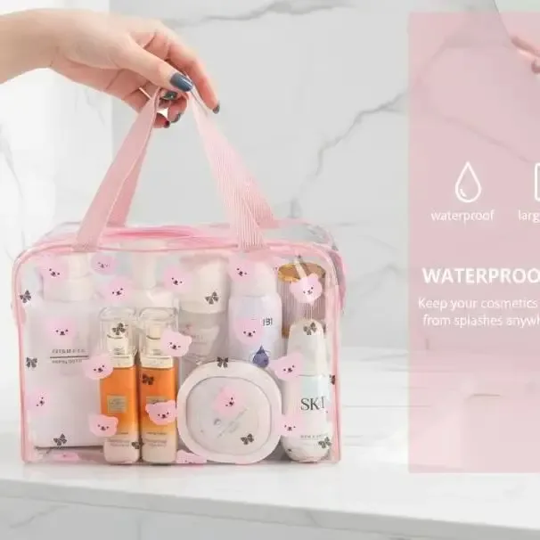 sac à cosmétiques imprimé en pvc, sac de rangement de cosmétiques portable, sac de voyage transparent de grande capacité, 1 pièce