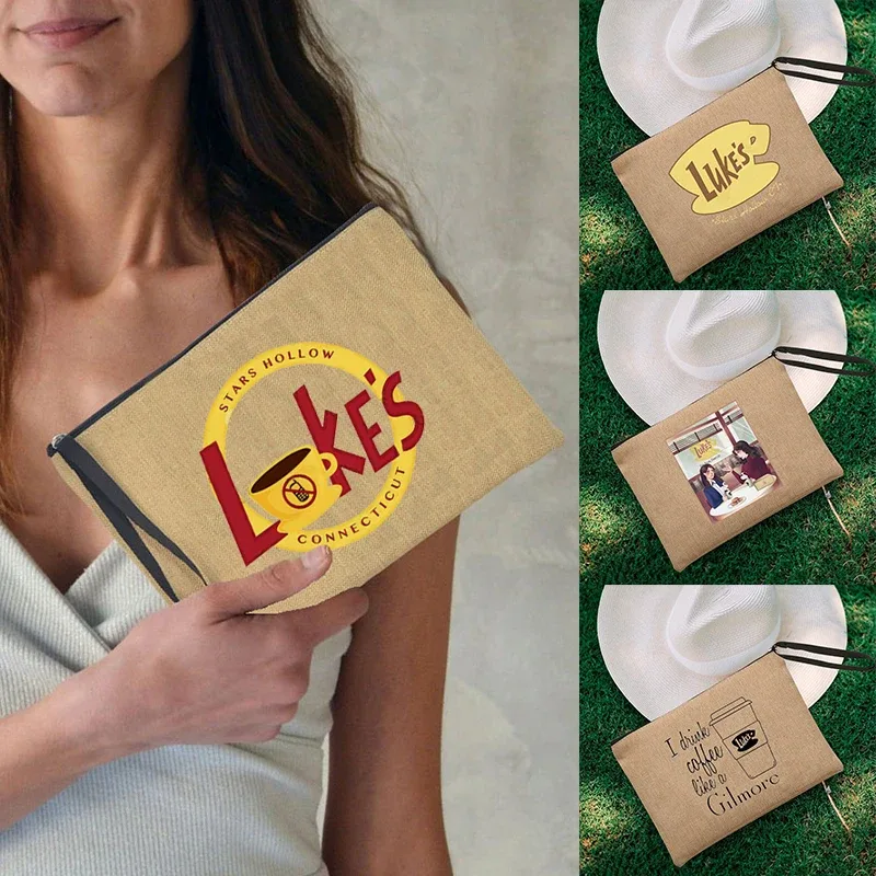 luke's flaxen cosmetic bag, coffee lover purse, inspired unisex wristlet clutch, gilmore girl star hollow powder, gérmerch