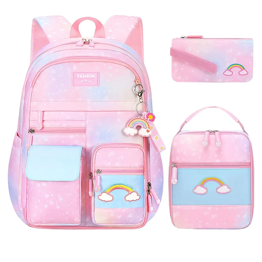 sac à dos scolaire pour filles, 3 pièces/ensemble, avec boîte à lunch et trousse à crayons, pour l'école primaire, le collège et le lycée