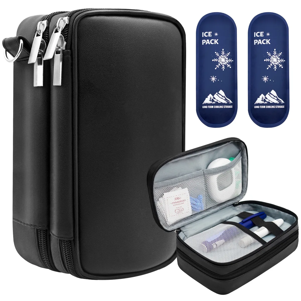 Sac à insuline pour diabétiques – Étui Double couche en cuir Pu pour stylos à insuline, kits de test, organisateur médical de voyage avec poignée