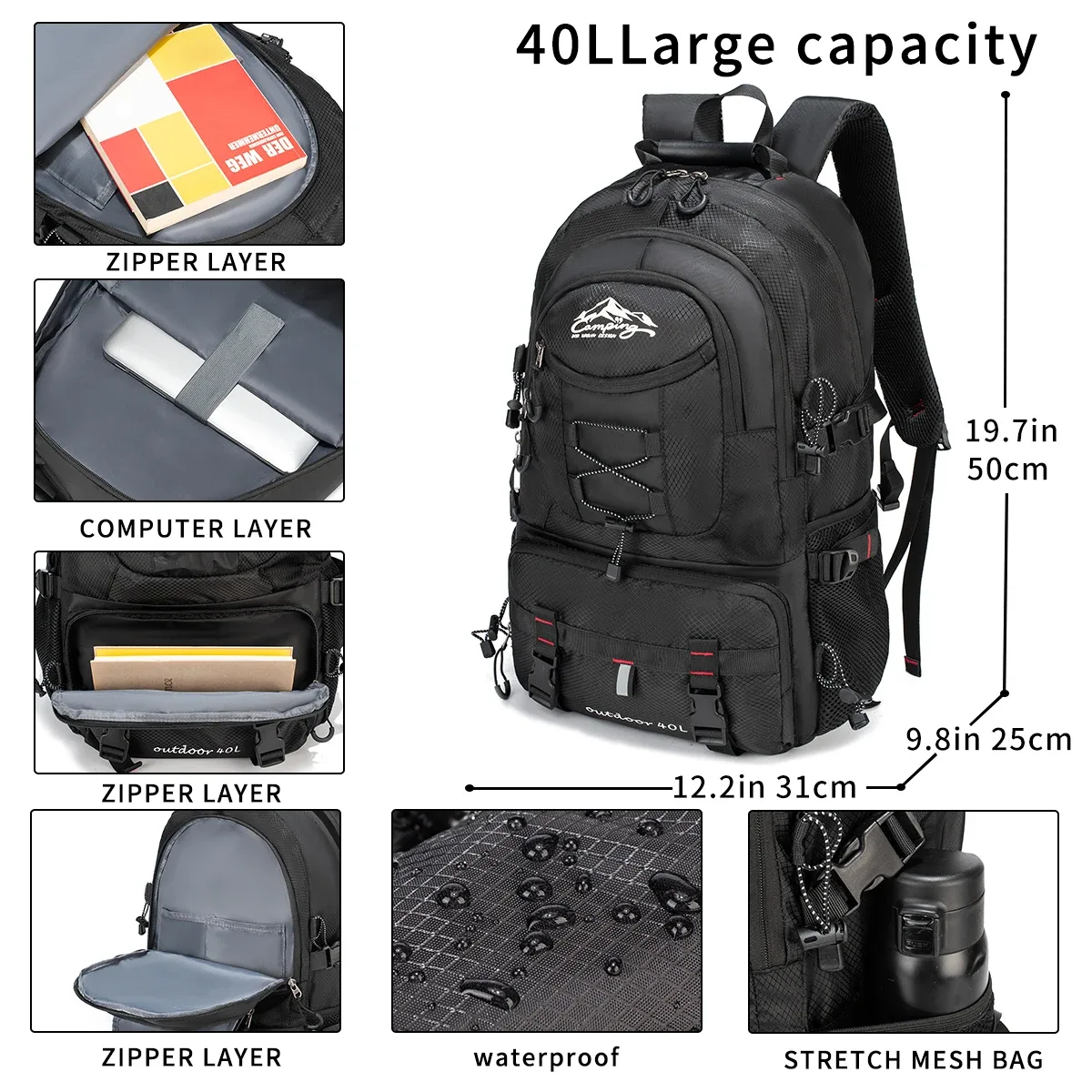 sac à dos de randonnée imperméable léger de 40 l, sacs à dos de camping pour hommes et femmes, sacs à dos de randonnée