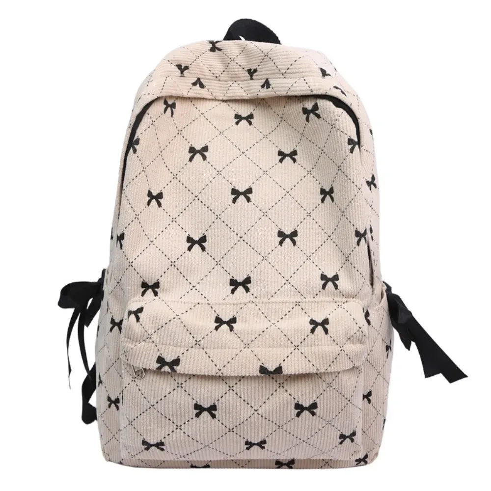 sac à dos en velours côtelé style coréen tendance, grande capacité, imprimé nœud, avec bretelles réglables, pour collégiens