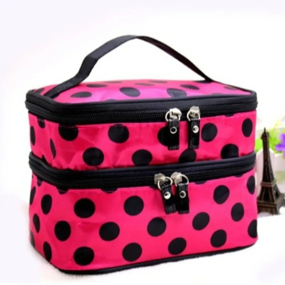 sac de maquillage double couche tendance, grande capacité, trousse de toilette portable, sac de maquillage de voyage à pois