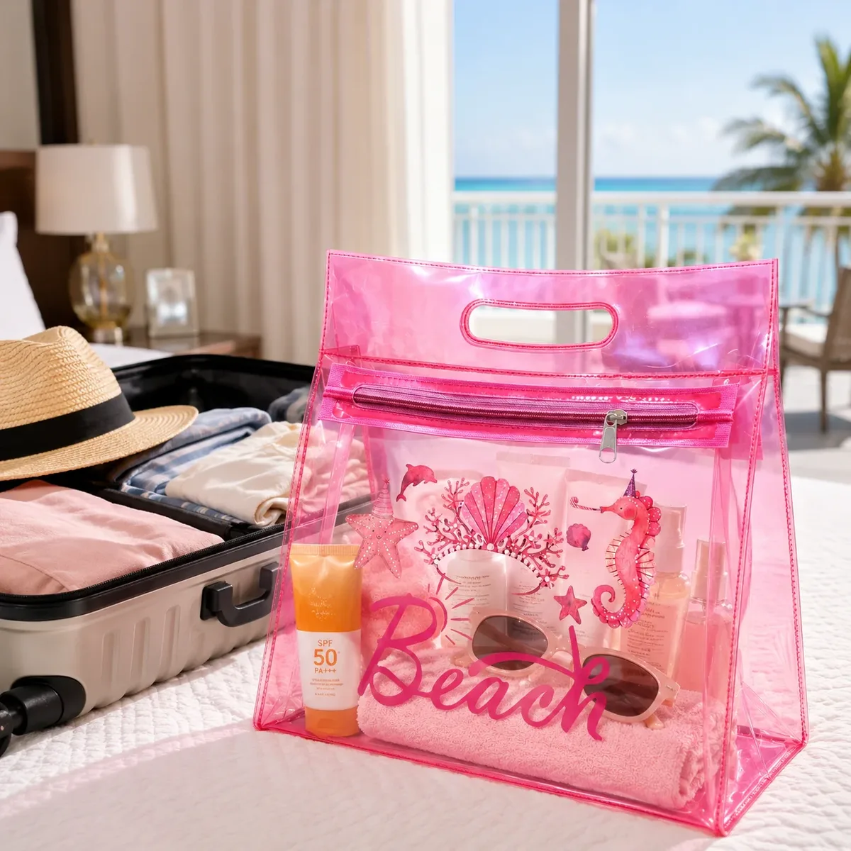sac de plage en pvc transparent rose, organiseur de cosmétiques étanche avec fermeture éclair pour femmes, piscine, voyage, articles de toilette et été